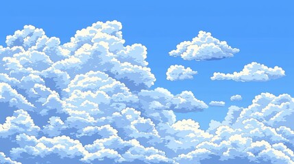 Pixel art clouds floating horizontally on blue sky background