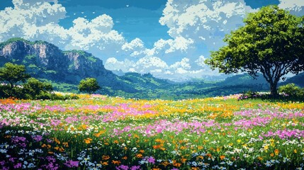 Pixel art background meadow with flowers and trees sky clouds mountains , isolated on white background,  , copy space, copy space for text,