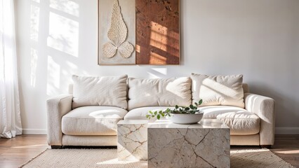 Generative AI, Contemporary living room with textured sofa and neutral tones