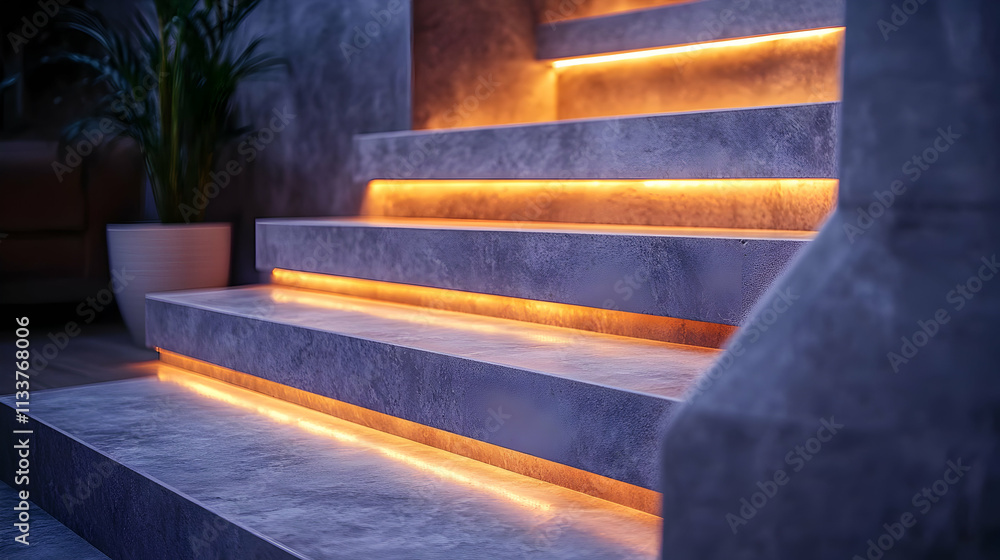 Poster modern staircase with illuminated steps creating a stylish ambiance.