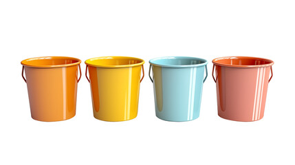 buckets isolated on transparent background. png. clipart. Set of three bright metal buckets in orange and yellow hues, showcasing vibrant designs perfect for storage, gardening, or creative projects