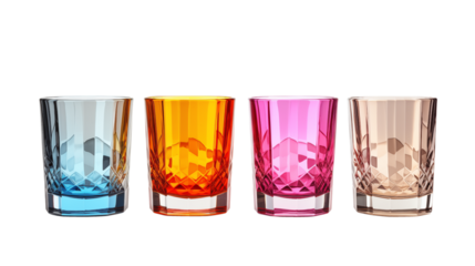 glasses isolated on transparent background. png. clipart. Set of colorful drinking glasses in vibrant tones of blue, orange, pink, and beige, ideal for modern tableware or drinkware designs.