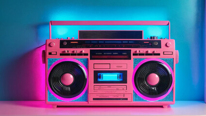 Fototapeta premium A vintage pink boombox, playing a cassette tape, is dramatically illuminated by vibrant pink and blue neon lights, transporting the viewer to a nostalgic era