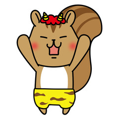 ガォーと脅かしている赤鬼の格好をしたリス