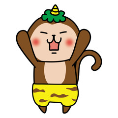 ガォーと脅かしている青鬼の格好をした猿