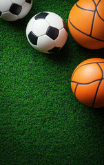 Soccer, basketball, and football balls on a green grass background with copy space for text, top view. Sports equipment concept.  Made by AI