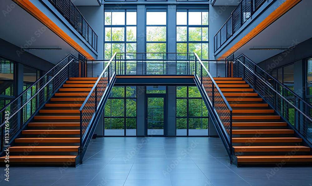 Poster modern staircase design in a bright, open atrium with large windows and greenery outside.