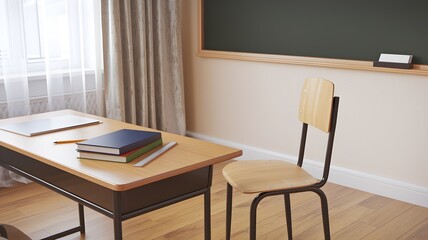 Modern classroom setup with desk, chair, and blackboard, wooden floor and window.