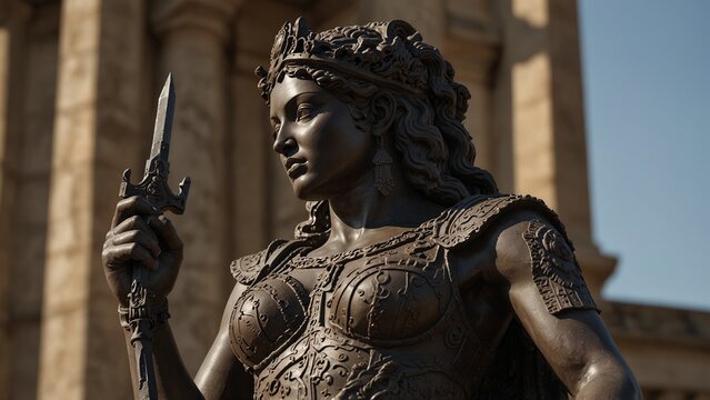 Statue of Nemesis, the goddess of retribution, holding a balance scale and a dagger of vengeance, with an abyss of punishment and redemption in the backdrop, carvings reflecting her relentless pursuit