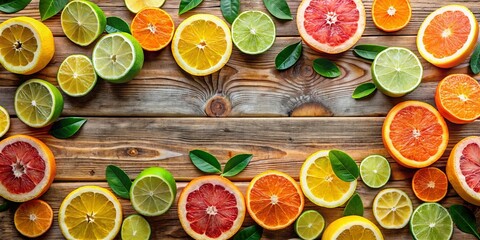 A vibrant arrangement of citrus fruit slices and leaves on a rustic wooden background