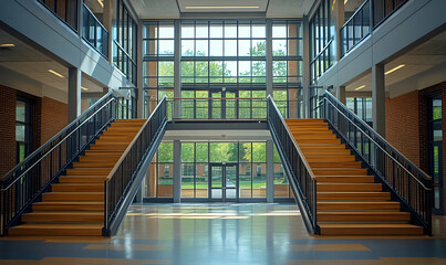 Obraz premium A spacious interior with two symmetrical staircases and large windows allowing natural light.