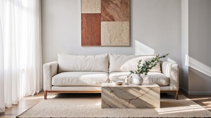 Generative AI, Contemporary living room with textured sofa and neutral tones