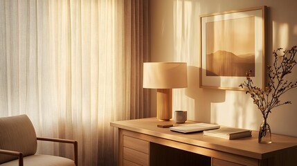 A calming workspace with clean furniture design, soft ambient lighting, and a neutral and minimal aesthetic, photographed in portrait