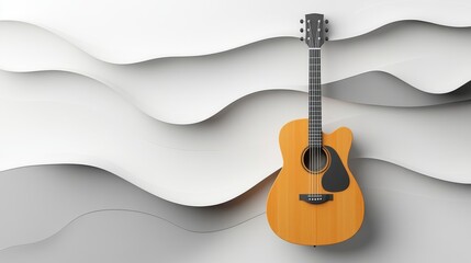 Obraz premium Modern flat illustration of an acoustic guitar, combined with a stylish wavy hillside. Soft lighting highlights the wood texture of the guitar, perfect for a music themed decor.