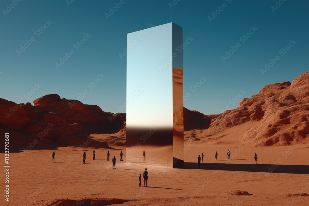 Aufkleber Futuristic monolith in a desert landscape with silhouettes of people exploring the surreal setting