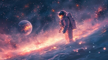 Obraz premium Astronaut on fiery, burning planet surface in space, near a dying planet.