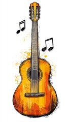 Naklejka premium A minimalist logo design of a flamenco guitar with music notes incorporated into the image, sketched elegantly on a transparent background. 