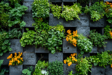 Naklejka premium A vibrant vertical garden featuring various green plants and colorful flowers.