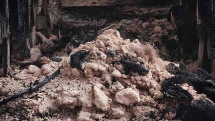 Fototapeta premium Medium shot of ash pile with blackened wood in burnt structure