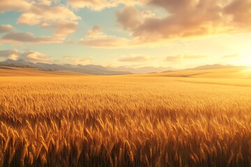 Obraz premium Golden Wheat Field at Sunset: A Serene Rural Landscape