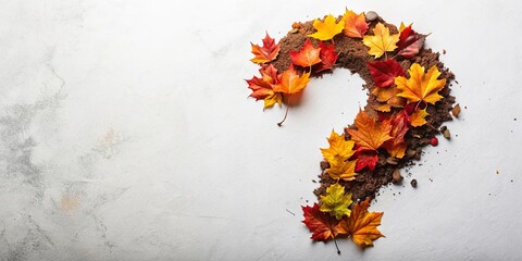 Autumn leaves arranged in a question mark shape on soil