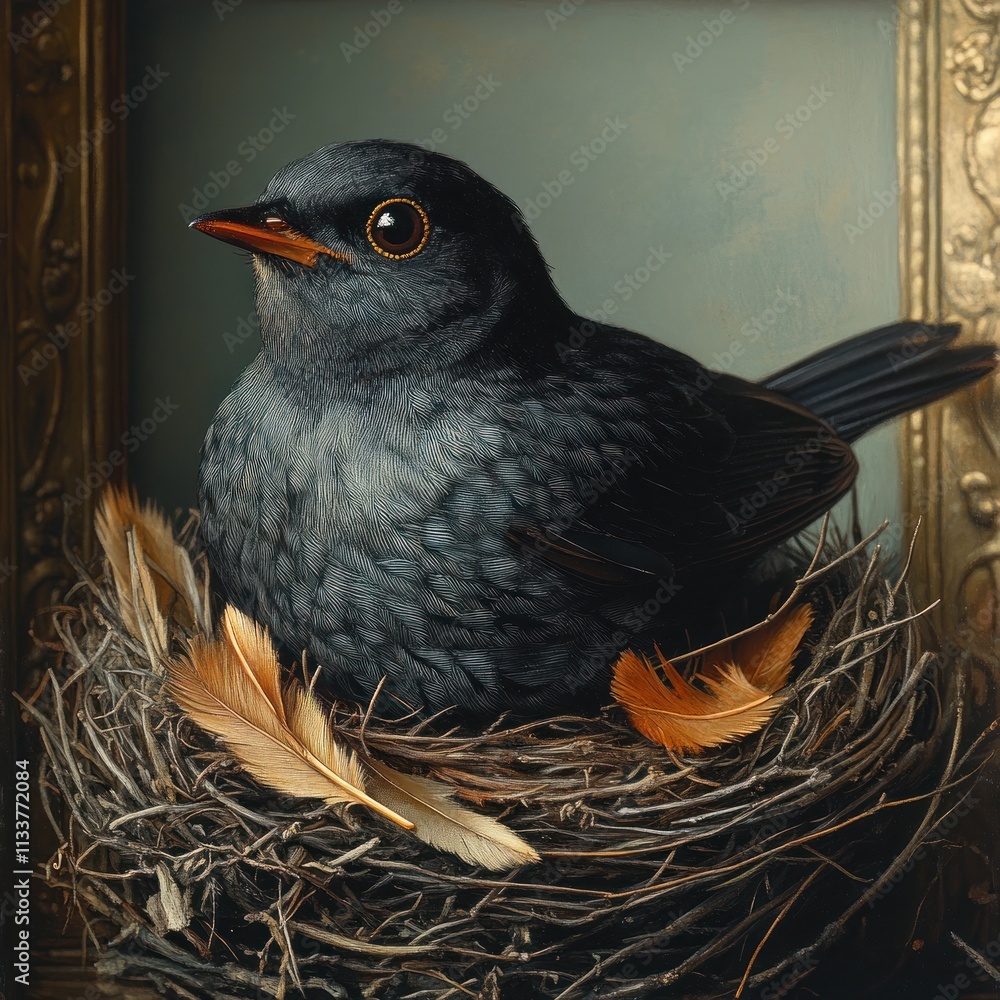 Poster dark bird nestled in a twig nest with feathers, framed in a gilded frame.
