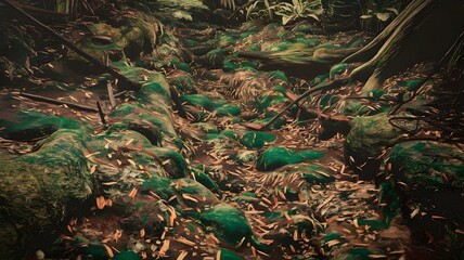Obraz premium Forest floor covered in moss, leaves, and tree trunks