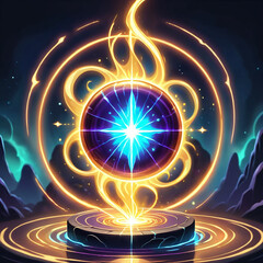 A glowing orb with a bright star inside, surrounded by a golden halo, rests on a circular platform emitting light and surrounded by concentric rings.