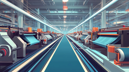 Textile factory with rows of automated looms weaving fabric, representing the modern textile industry. Looming. Illustration