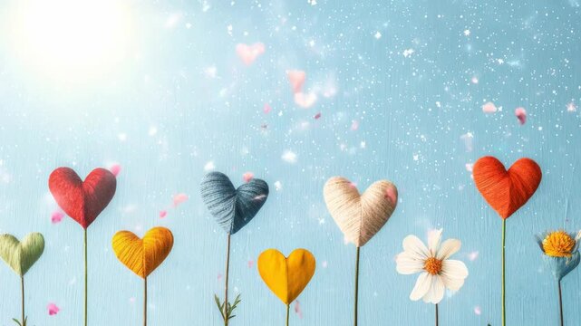 Whimsical garden of colorful heart shaped flowers celebrating natures beauty in vibrant spring hues.