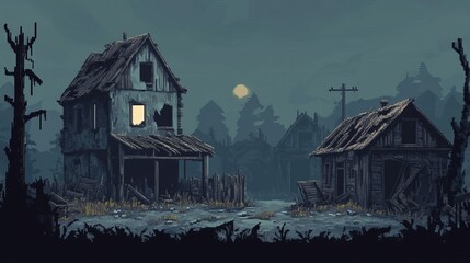 Pixel art ruined village design