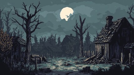 Pixel art ruined village design