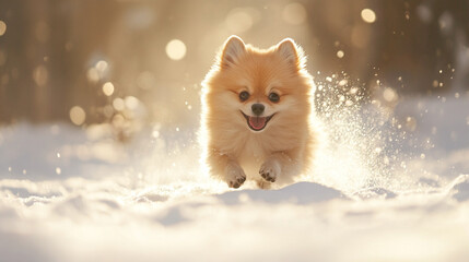 Obraz premium Pomeranian puppy joyfully running through snow on a sunny winter day