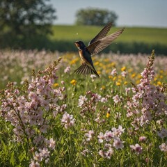 A barn swallow flying above a field of blooming flowers with a tree in full blossom.