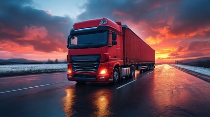 A red truck parked on a wet road during a vibrant sunset with dramatic clouds.
