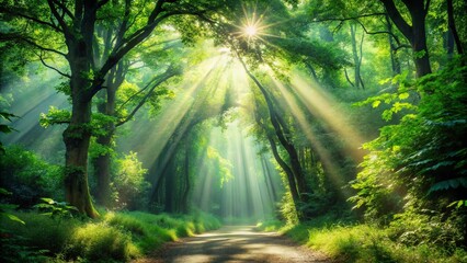 Fototapeta premium Sunlit Path Through a Lush, Verdant Forest Canopy