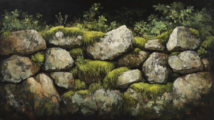 Mossy Stone Wall with Lush Greenery