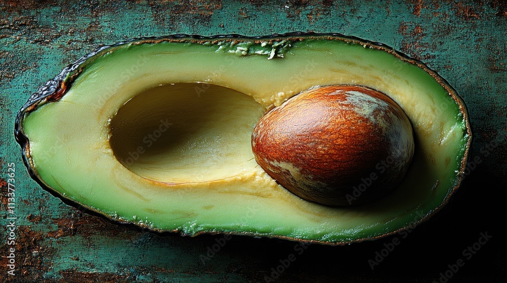 Poster halved avocado with pit on rustic surface.
