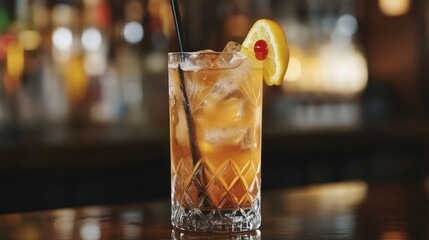 A refreshing cocktail served in a crystal glass with a slice of lemon and a cherry.