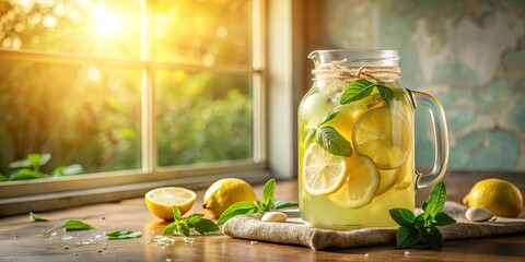 Refreshing Homemade Lemonade with Mint in a Glass Pitcher by Sunny Window