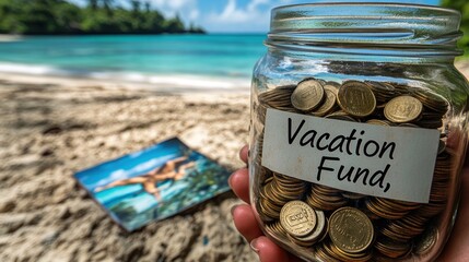 Vacation fund jar with coins on beach.
