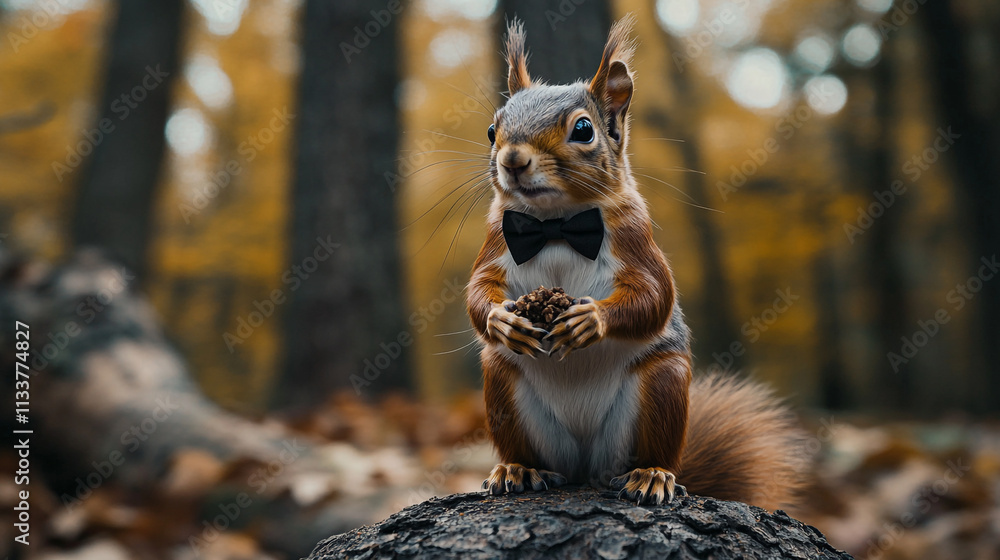 Poster squirrel in a tuxedo holds a pine cone in a forest during autumn
