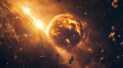 Fototapeta premium Fiery Planet Destruction Cosmic Debris Field