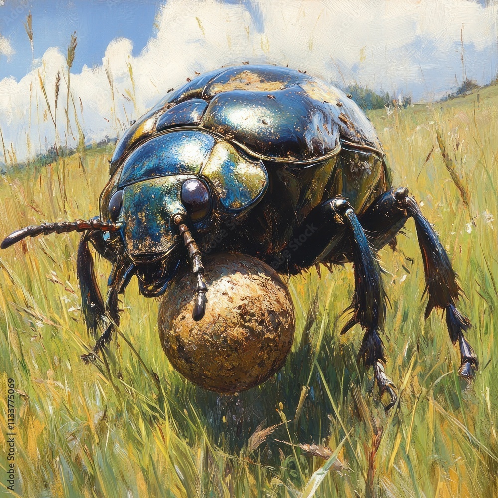 Aufkleber close-up of iridescent beetle rolling dung ball in grassy field under a partly cloudy sky.