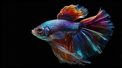 Fototapeta premium Vibrant Exotic Betta Fish with Flowing Fins on Black Background