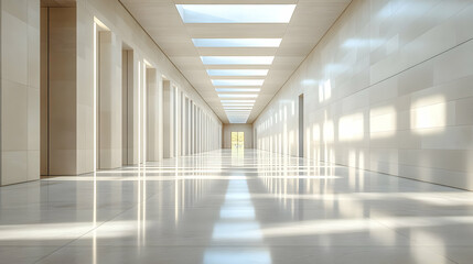 A spacious, modern corridor with natural light and minimalist design.