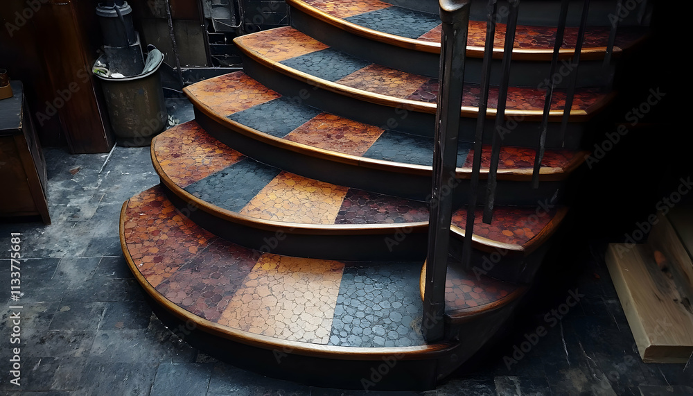 Poster a spiral staircase with a mix of wooden and patterned steps in a rustic setting.