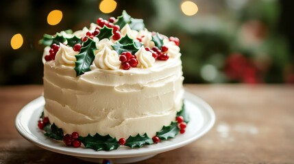Festive Holly Berry Christmas Cake on Wooden Table