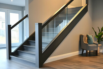 Obraz premium Modern staircase with glass railing in a well-lit interior space.