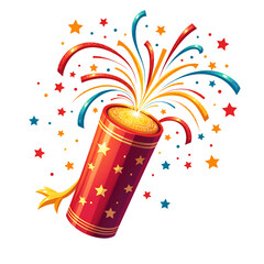 Vibrant firecracker with colorful sparks and stars for celebration themes, digital artwork of festivity concept.